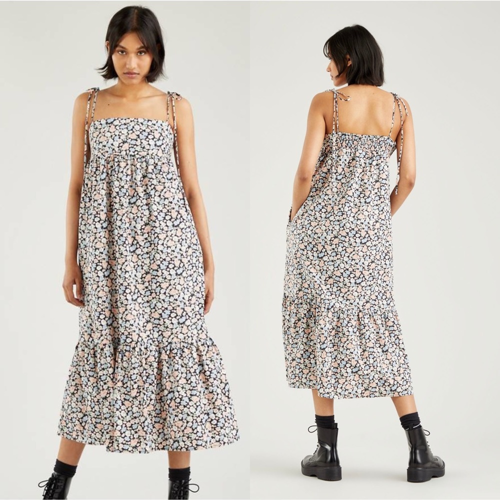 Levi’s Floral Midi Sundress Prairie Style Flowy Tie-Strap Tiered  100% Cotton XS